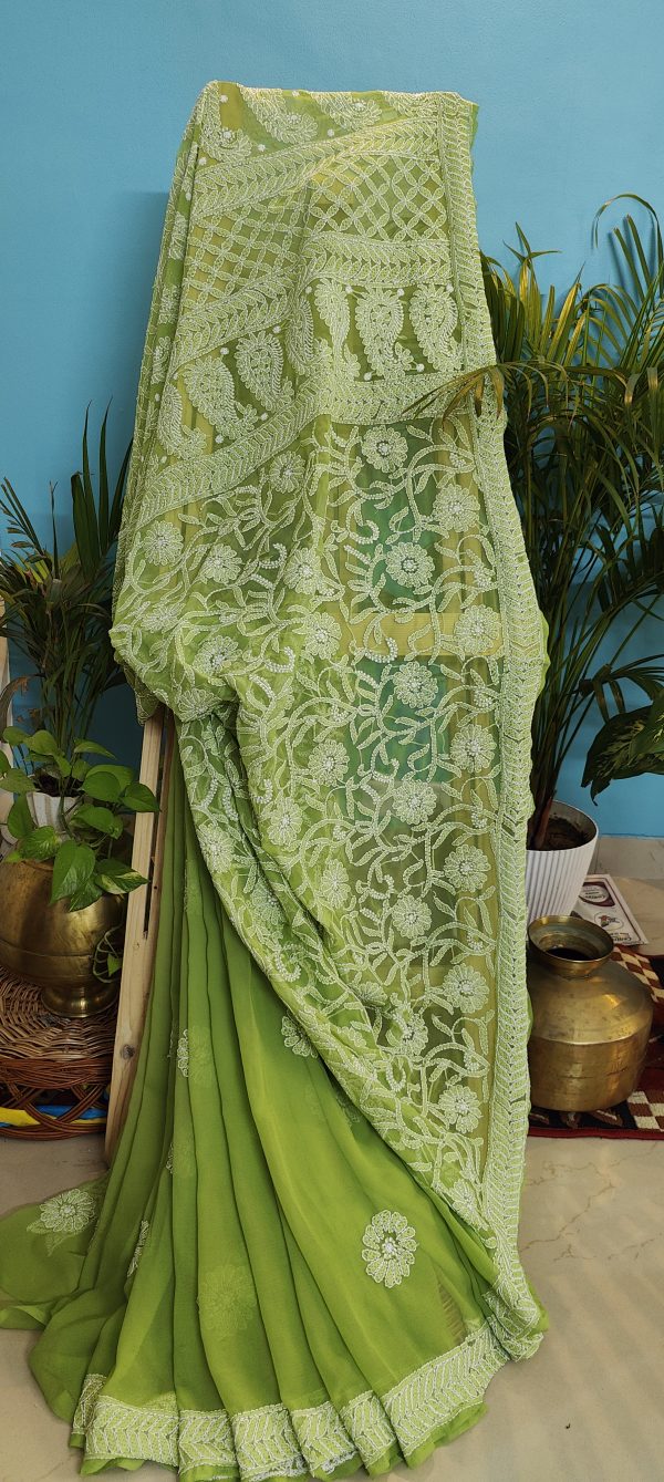 Bottle Green Chikankari Georgette Saree