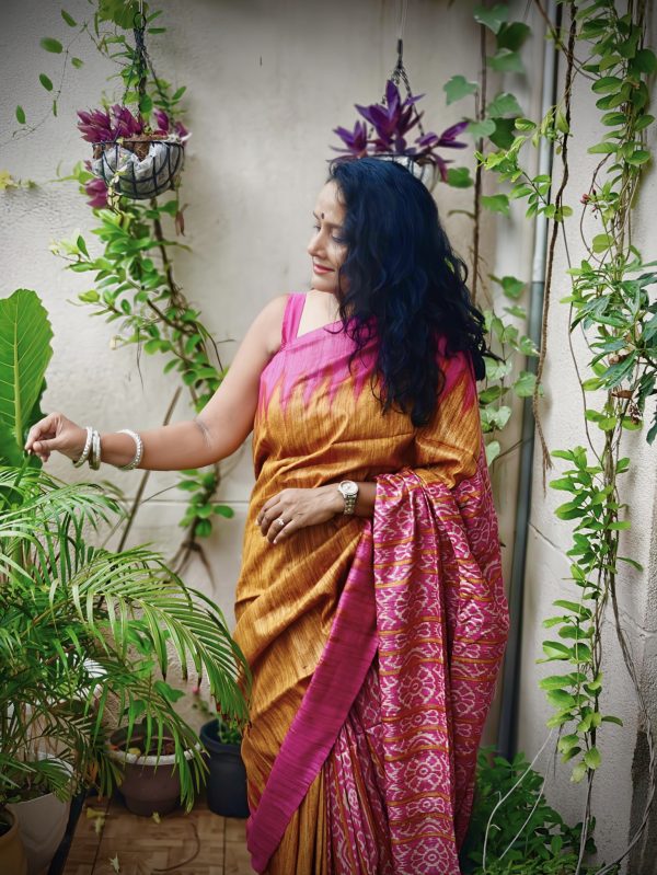 Mustard Pink Worli Tussar Silk Saree