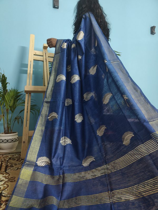 Navy Blue Munga Tussar Silk Saree
