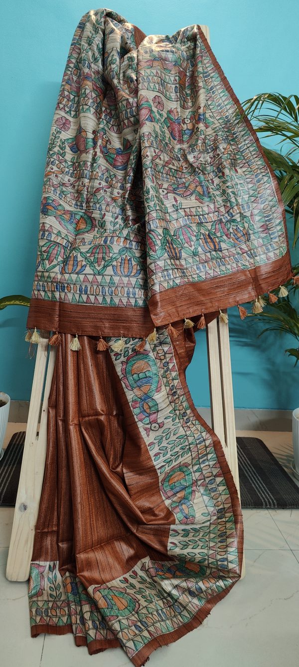 Rust Madhubani Tussar Silk Saree