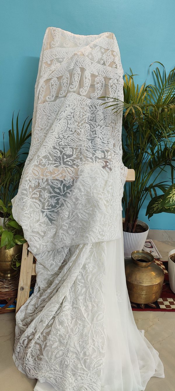 White Chikankari Georgette Saree
